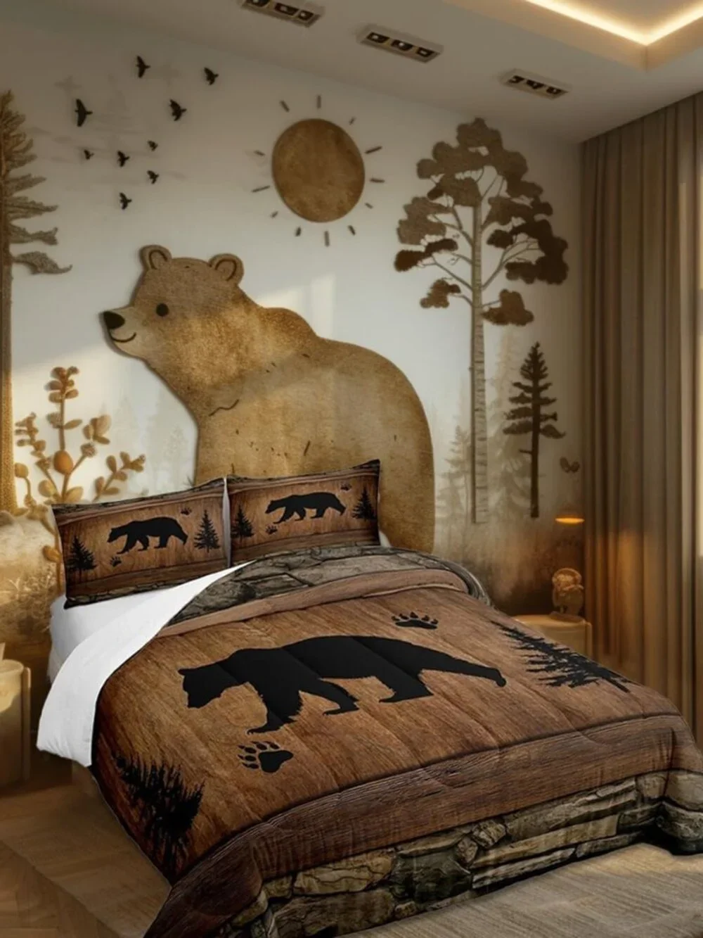 Rustic Bear Comforter Set Queen Size,Wild Animal Hunting Bedding Set 3pcs,Farmho